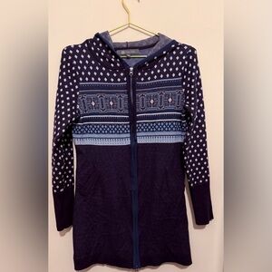 Title Nine Blue Merino Wool Nordic Fair Isle Full Zip Cardigan Hooded Long Sz S